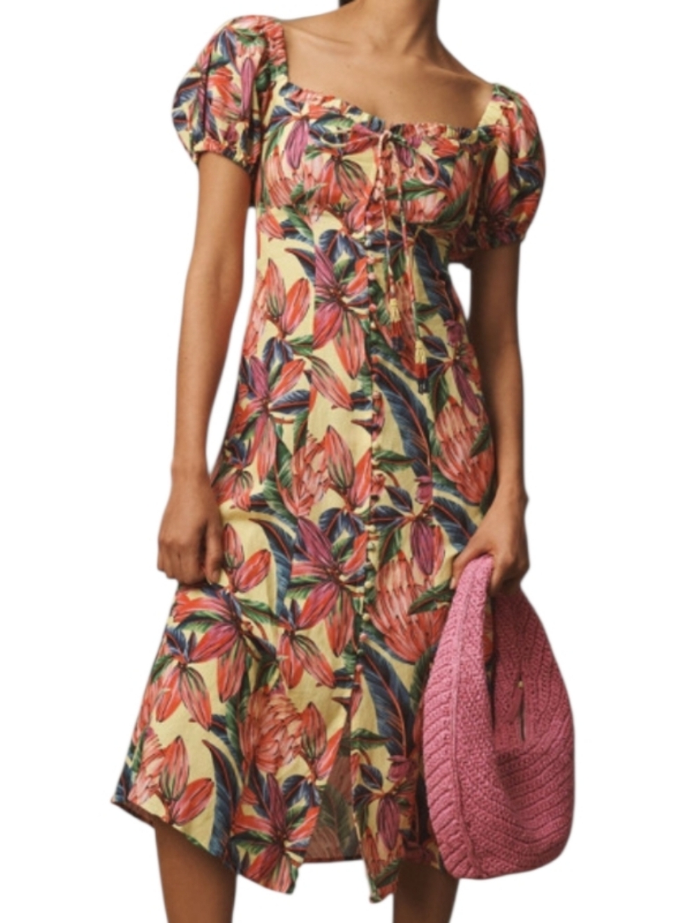 Farm Rio Puff-Sleeve Sweetheart Linen Dress